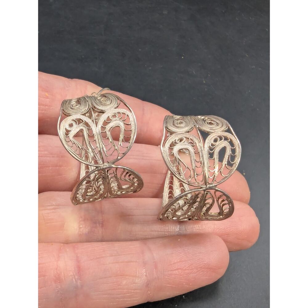 Vintage 925 Silver Large Filigree Flower & Bell Drop Earrings 7.59 Grams - Picture 2 of 7